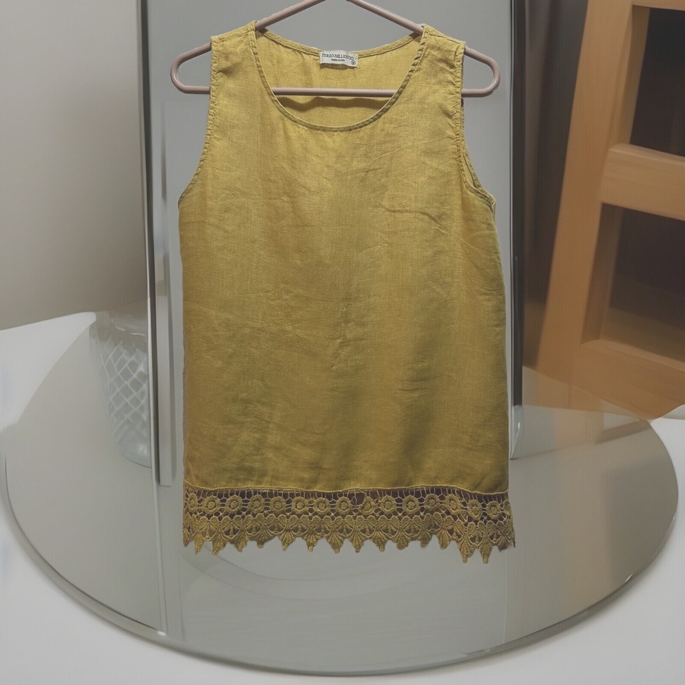 Terzo Millennio LINEN Top Women's Medium Crochet Hem Mustard Yellow - Made Italy